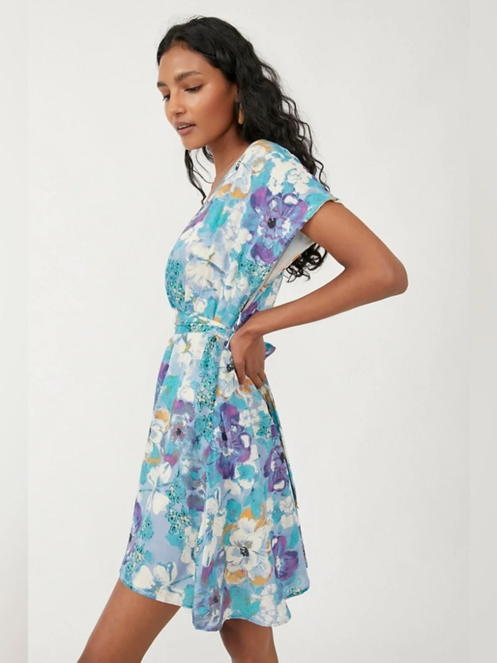 Free People Freddy Tie Mini Dress Blue Watercolor Floral Size Medium